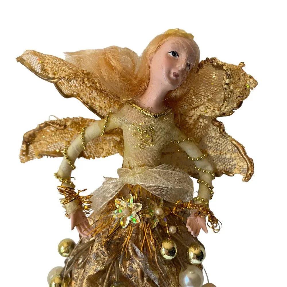 Golden Christmas angel fairy mini‎ doll ornament pearl skirt gilded wings tinsel